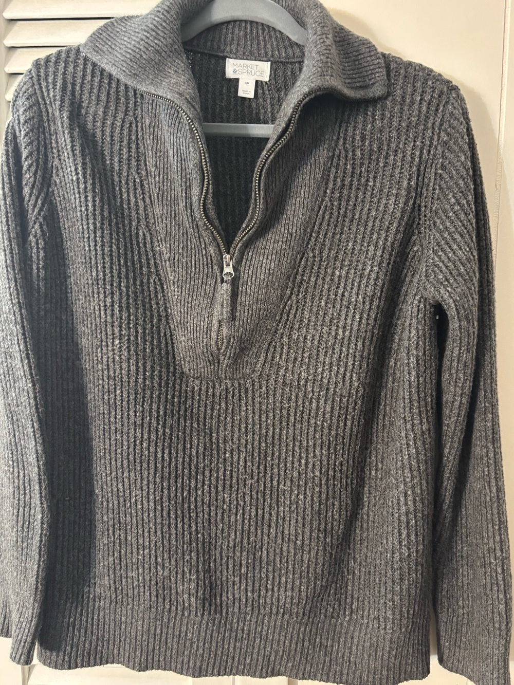 Market & Spruce Gray Ribbed Half-Zip V-Neck Sweater